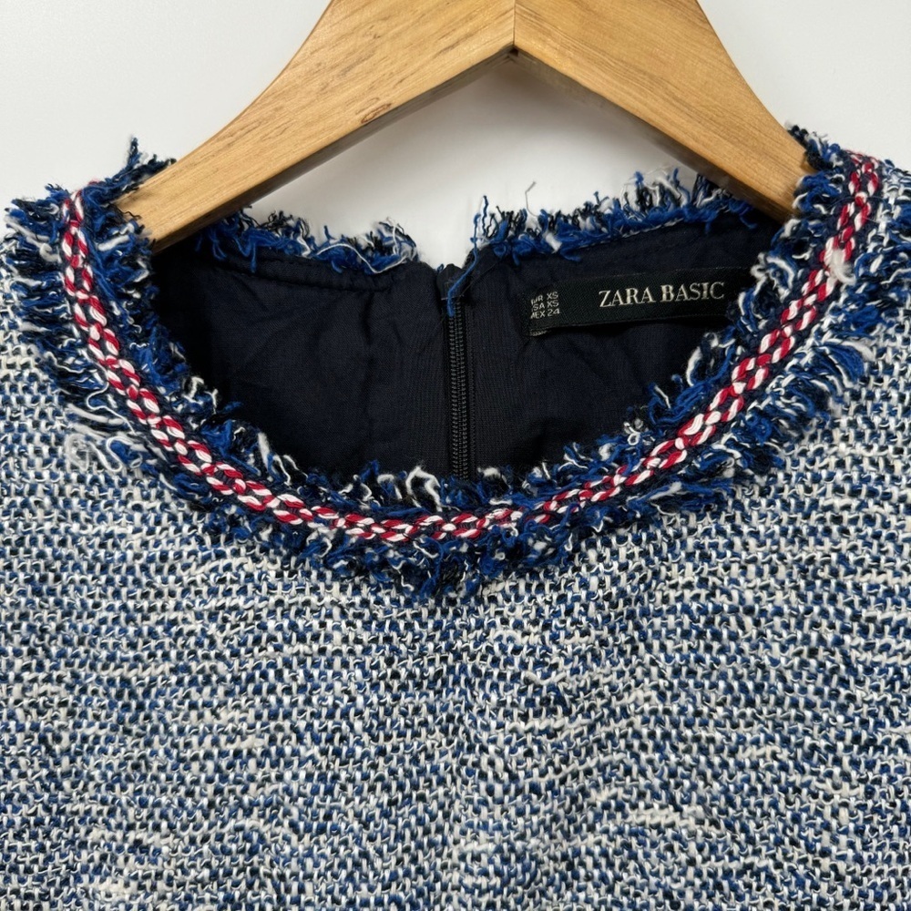 Zara Blue Tweed Pinafore Dress Women’s XS Retro Style Apron Dress Fray Hem - Picture 10 of 13